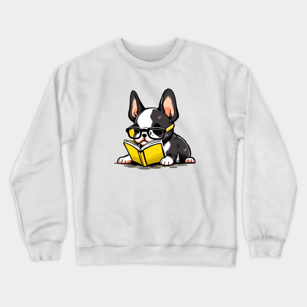 Boston Terrier With Glasses Reading a Book Crewneck Sweatshirt by xuanxuanshop